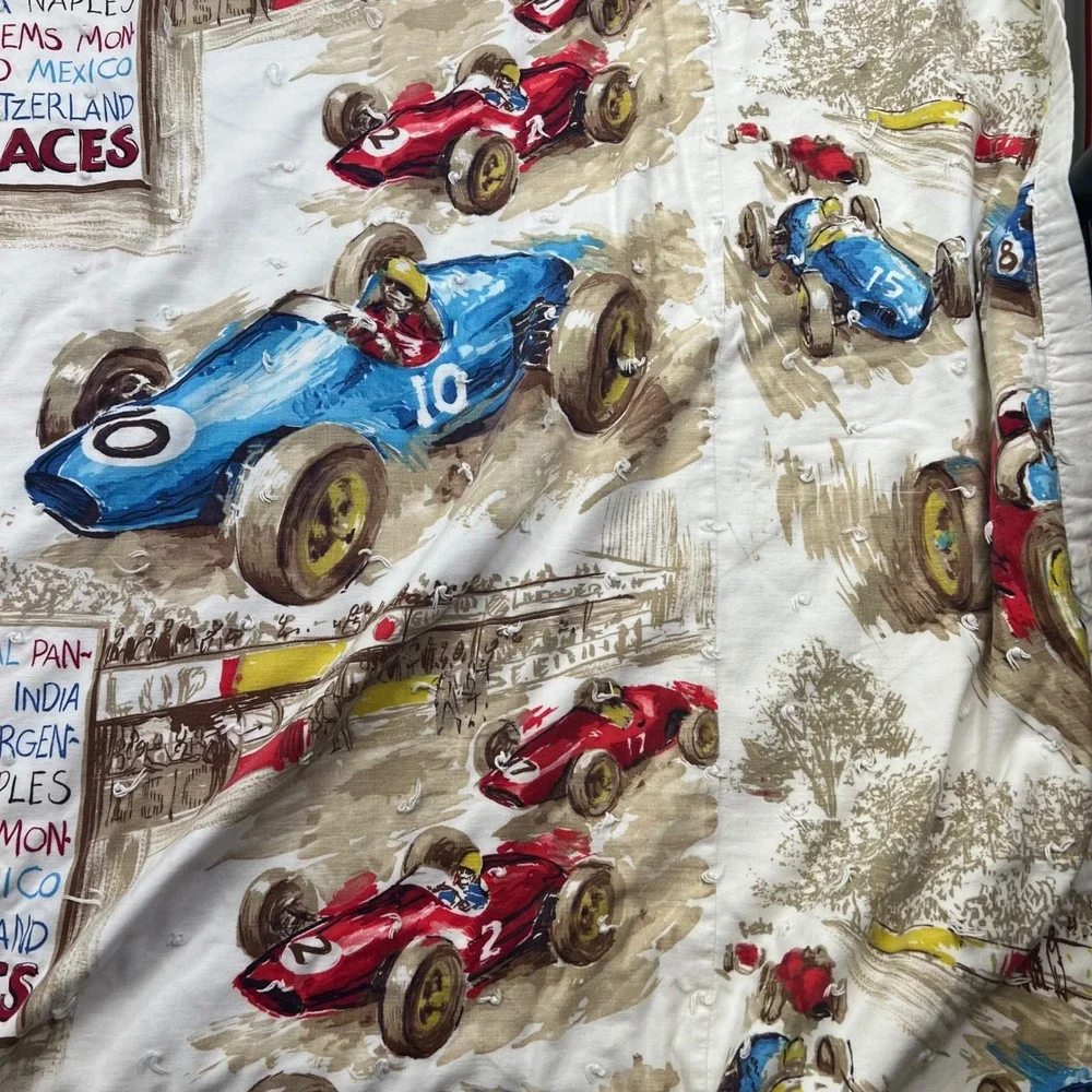 VTG 60s Grand Prix Race Car Hand Tied Quilt Blanket 51x87 Novelty Cotton Textile